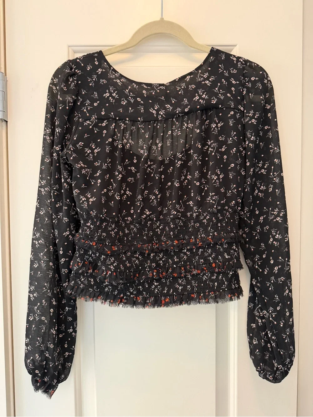 Free People Black Floral Long-Sleeve Ruffled Crop Top
